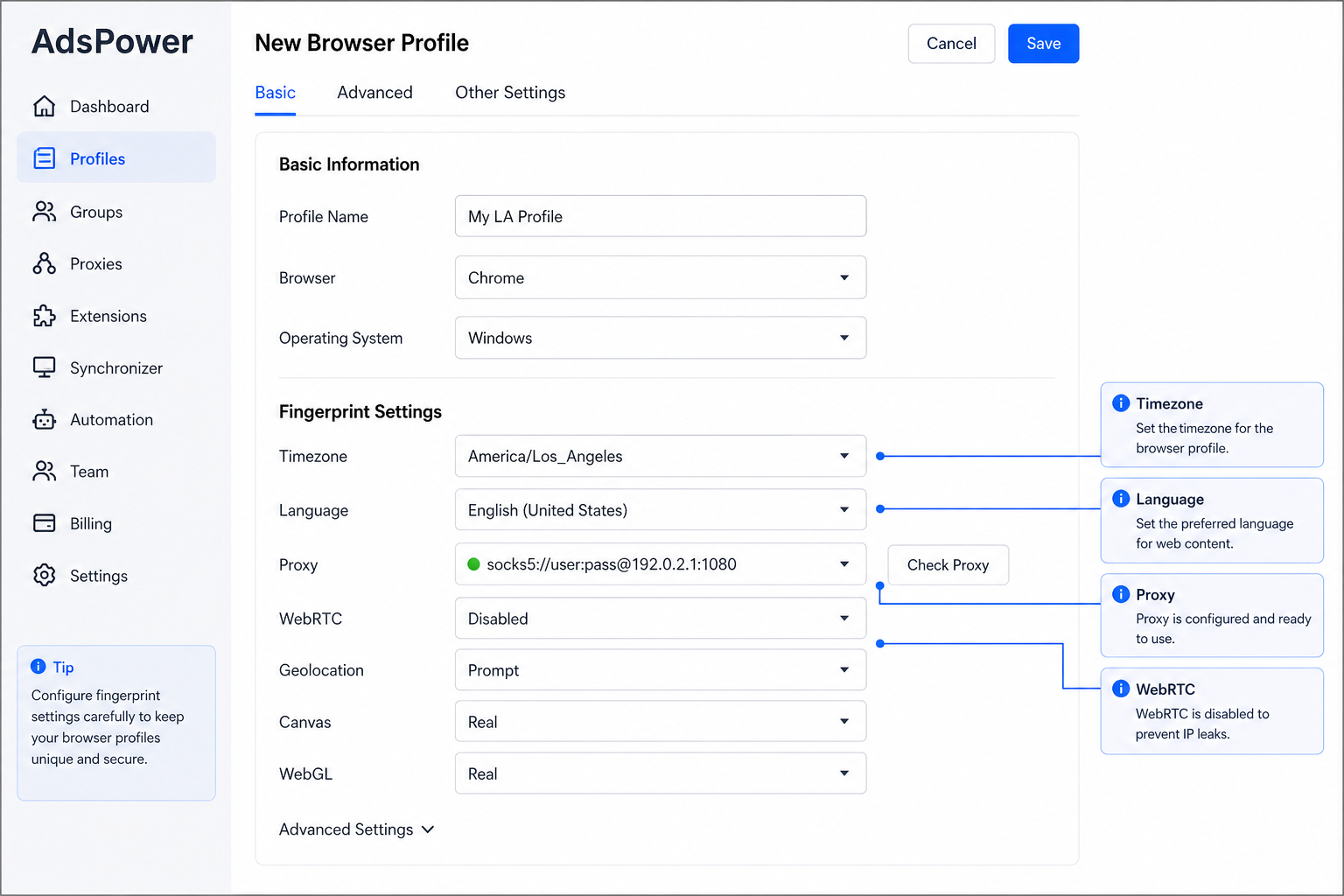 AdsPower Profile 配置示意